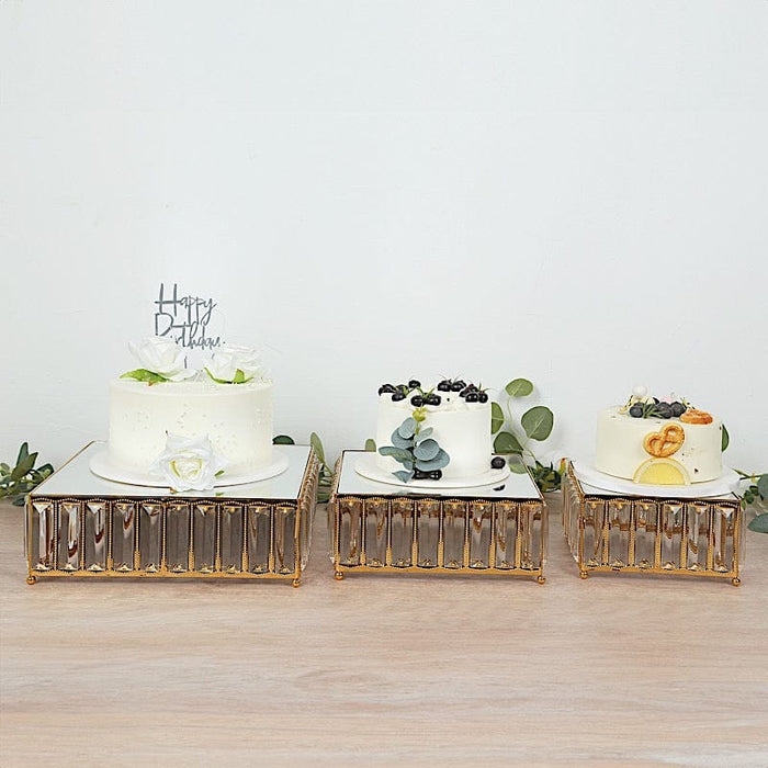 3 Crystal Pendant Stackable Square Metal Cake Stands with Mirror Top