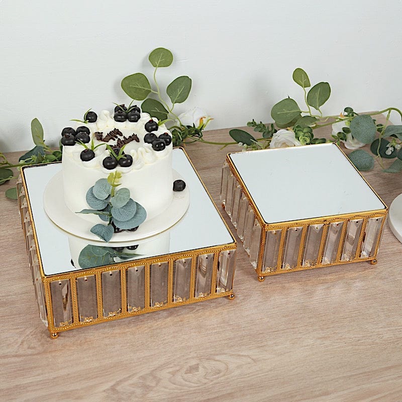 3 Crystal Pendant Stackable Square Metal Cake Stands with Mirror Top