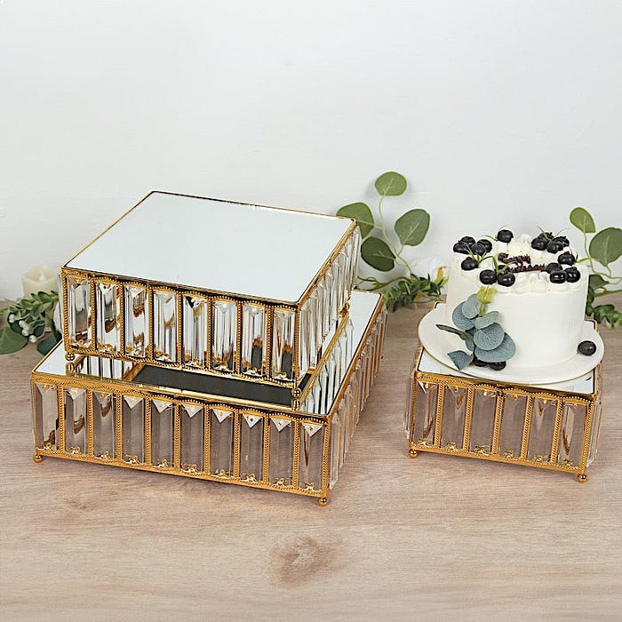 3 Crystal Pendant Stackable Square Metal Cake Stands with Mirror Top