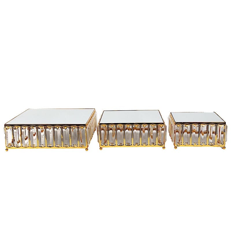 3 Crystal Pendant Stackable Square Metal Cake Stands with Mirror Top CHDLR_CAKE27S_SET3_GOLD