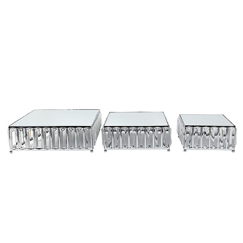 3 Crystal Pendant Stackable Square Metal Cake Stands with Mirror Top CHDLR_CAKE27S_SET3_SILV