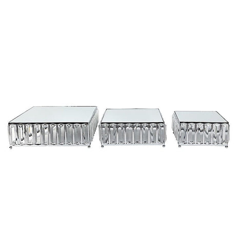 3 Crystal Pendant Stackable Square Metal Cake Stands with Mirror Top CHDLR_CAKE27S_SET3_SILV