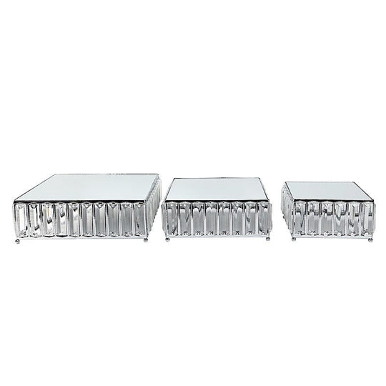 3 Crystal Pendant Stackable Square Metal Cake Stands with Mirror Top CHDLR_CAKE27S_SET3_SILV