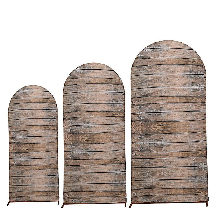 3 Fitted Spandex Round Top Wedding Arch Backdrop Stand Covers Set Wooden Design IRON_STND06_SPX_SET_WOD01_BRN