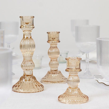 3 Fluted Crystal Glass Taper Candle Holders Centerpieces - Clear