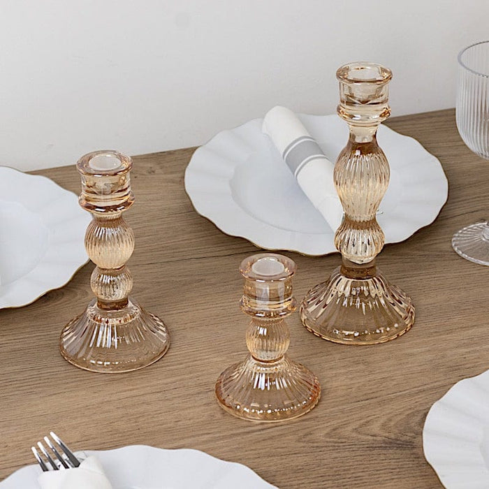 3 Fluted Crystal Glass Taper Candle Holders Centerpieces - Clear