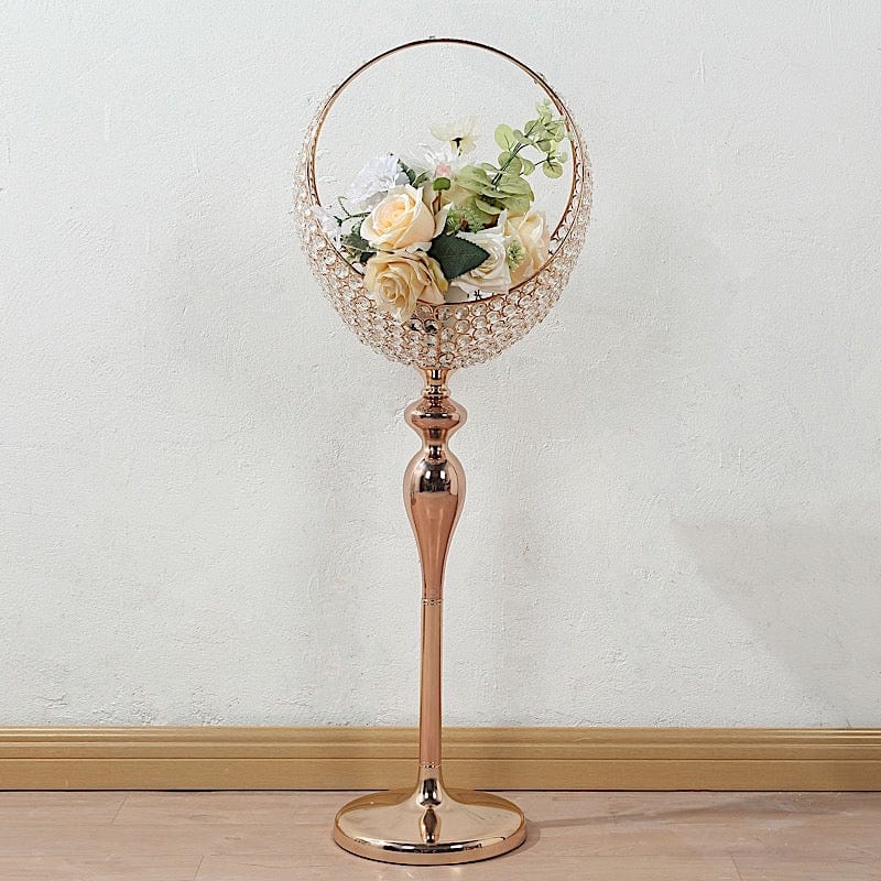 3 ft Crystal Beaded Metal Candle Holder Stand in Half Moon Basket Design - Gold CHDLR_FLORSTND01_35_GOLD