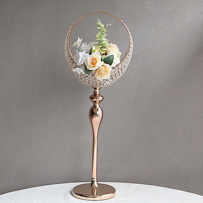3 ft Crystal Beaded Metal Candle Holder Stand in Half Moon Basket Design - Gold CHDLR_FLORSTND01_35_GOLD