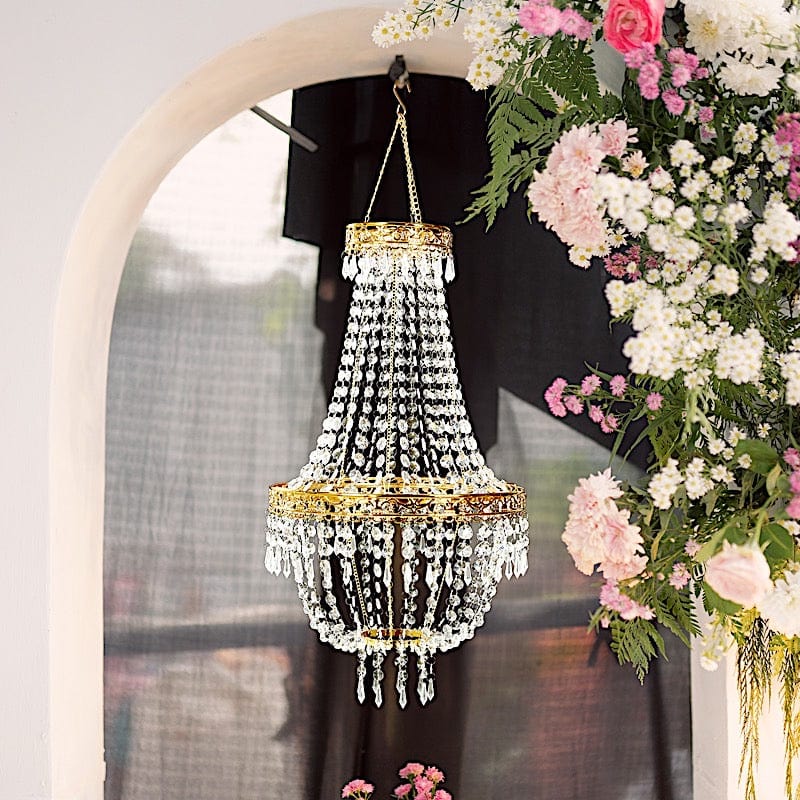 3 ft Empire Style Beaded Crystal Chandelier with Gold Ornate Metal Frame - Clear CHDLR_HANG01_3FT_GOLD