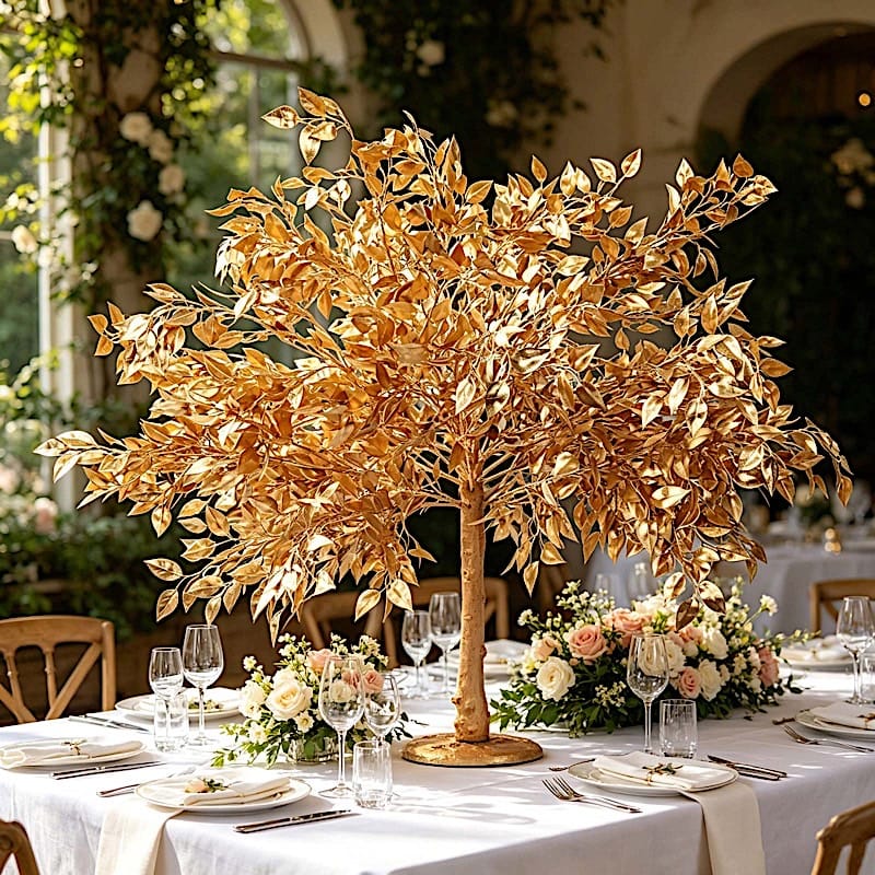 3 ft Metallic Faux Leaf Trees with Realistic Trunk Base - Gold ARTI_TREE_METLIC31_3_GOLD