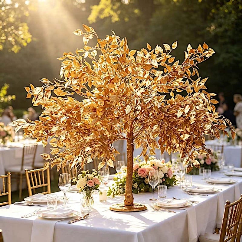 3 ft Metallic Faux Leaf Trees with Realistic Trunk Base - Gold ARTI_TREE_METLIC31_3_GOLD