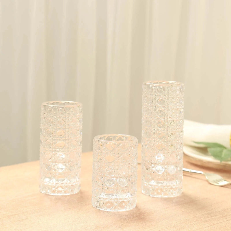 3 Glass Taper Candle Holders with Gemstone Pattern - Clear CAND_HOLD_016_SET_CLR