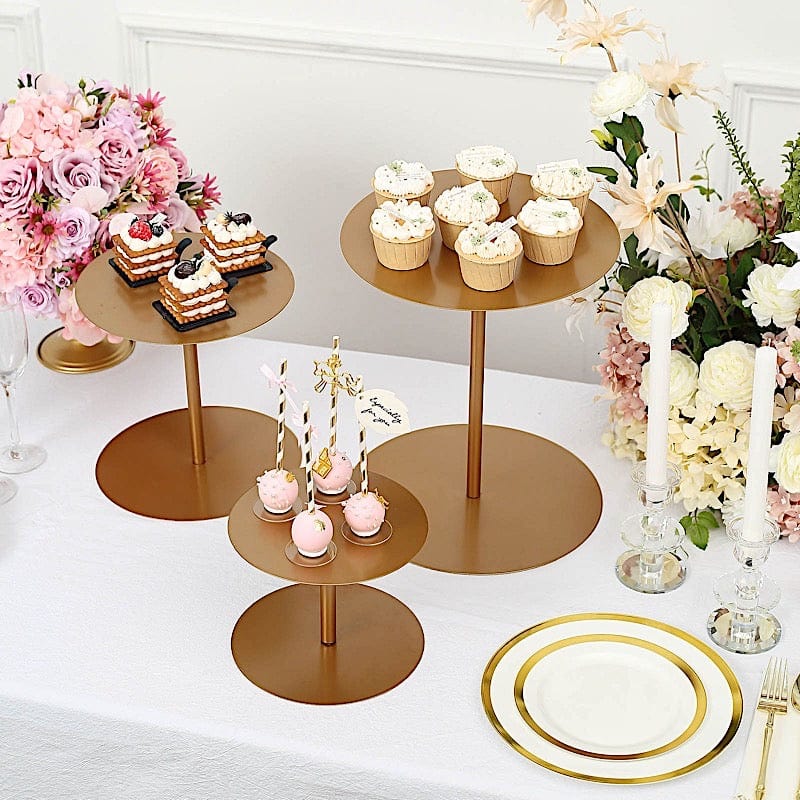 3 Heavy Duty Metal Round Pedestal Cake Stands - Gold CHDLR_CAKE16_SET_GOLD