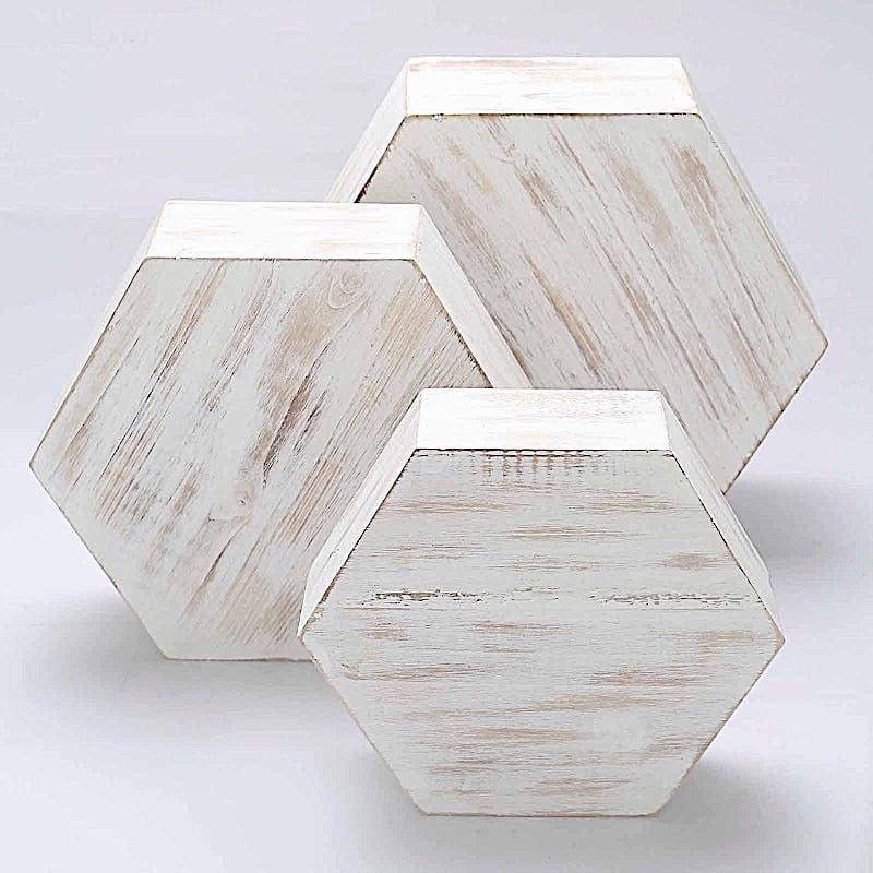 3 Hexagon Wooden Cake Stand Cupcake Dessert Holder - Whitewashed CAKE_WOD009_SET_WHT