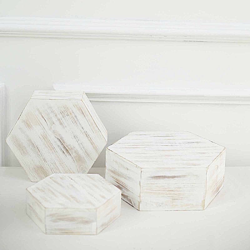 3 Hexagon Wooden Cake Stand Cupcake Dessert Holder - Whitewashed CAKE_WOD009_SET_WHT