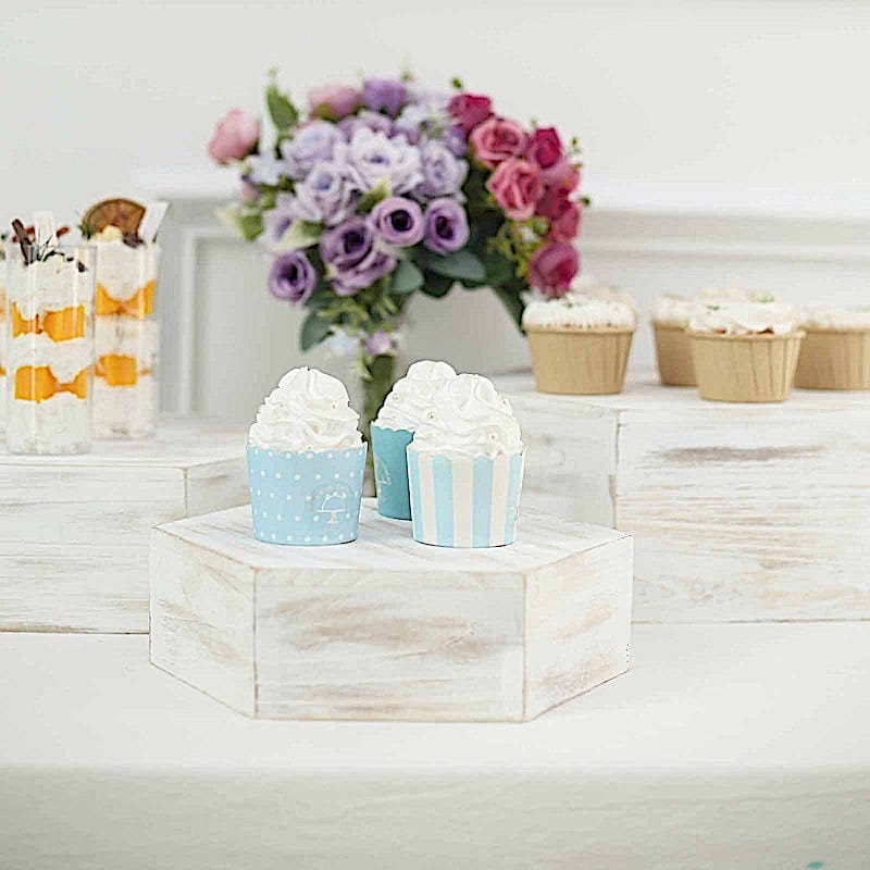 3 Hexagon Wooden Cake Stand Cupcake Dessert Holder - Whitewashed CAKE_WOD009_SET_WHT