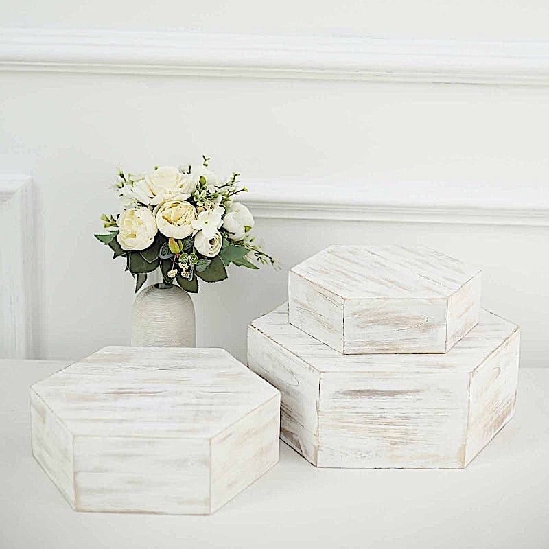 3 Hexagon Wooden Cake Stand Cupcake Dessert Holder - Whitewashed CAKE_WOD009_SET_WHT