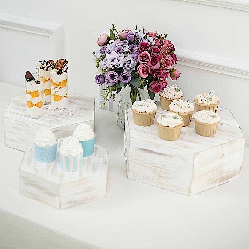 3 Hexagon Wooden Cake Stand Cupcake Dessert Holder - Whitewashed CAKE_WOD009_SET_WHT