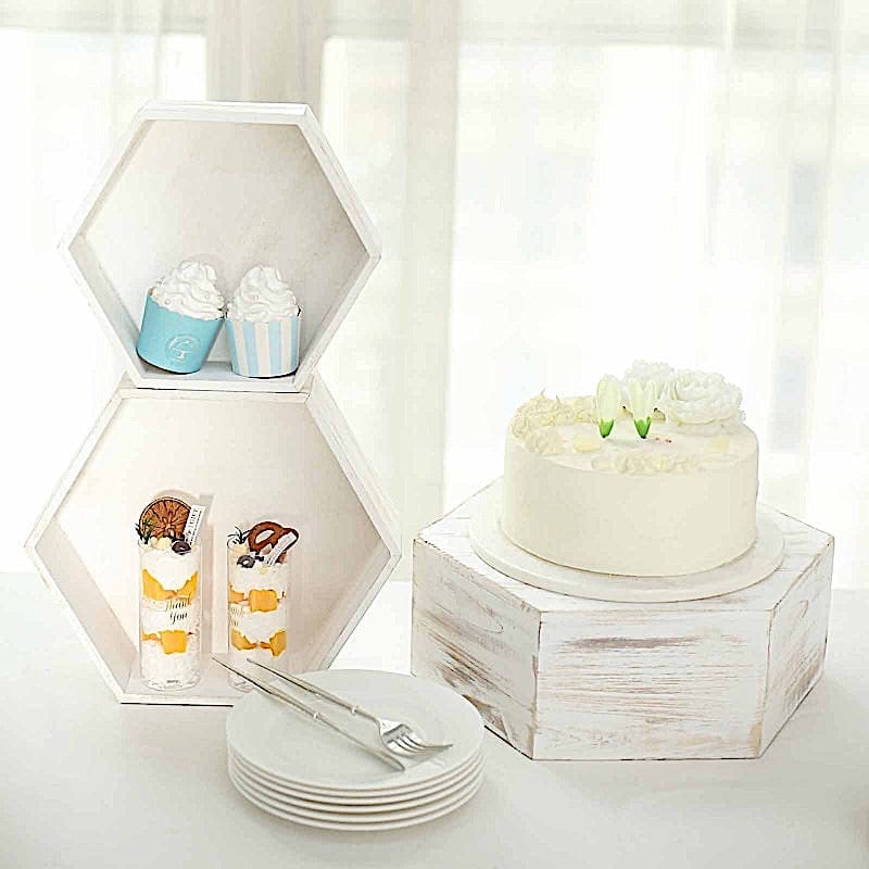 3 Hexagon Wooden Cake Stand Cupcake Dessert Holder - Whitewashed CAKE_WOD009_SET_WHT