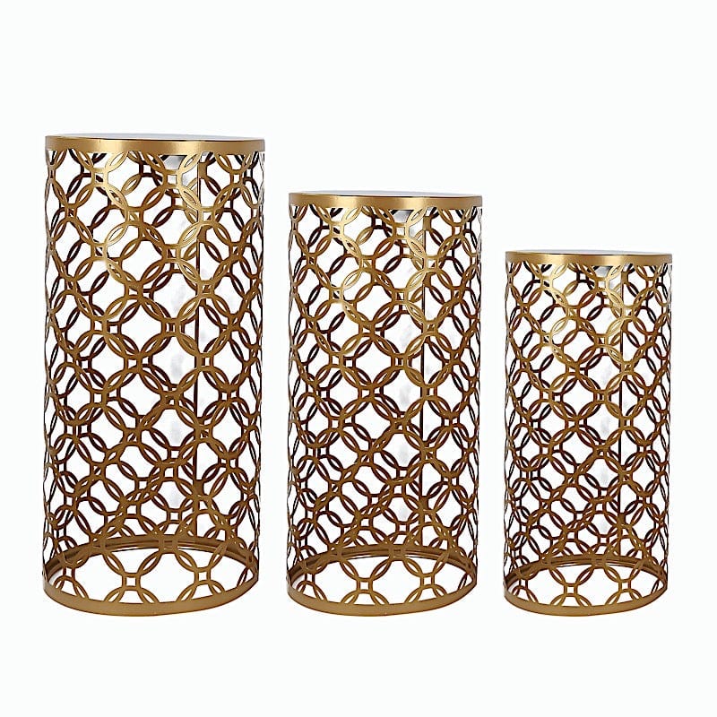 3 Metal Cylinder Plinth Pedestal Stands - Gold PROP_BOX_007_SET_GOLD