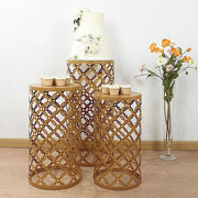 3 Metal Cylinder Plinth Pedestal Stands - Gold PROP_BOX_007_SET_GOLD