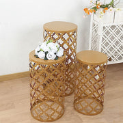 3 Metal Cylinder Plinth Pedestal Stands - Gold PROP_BOX_007_SET_GOLD