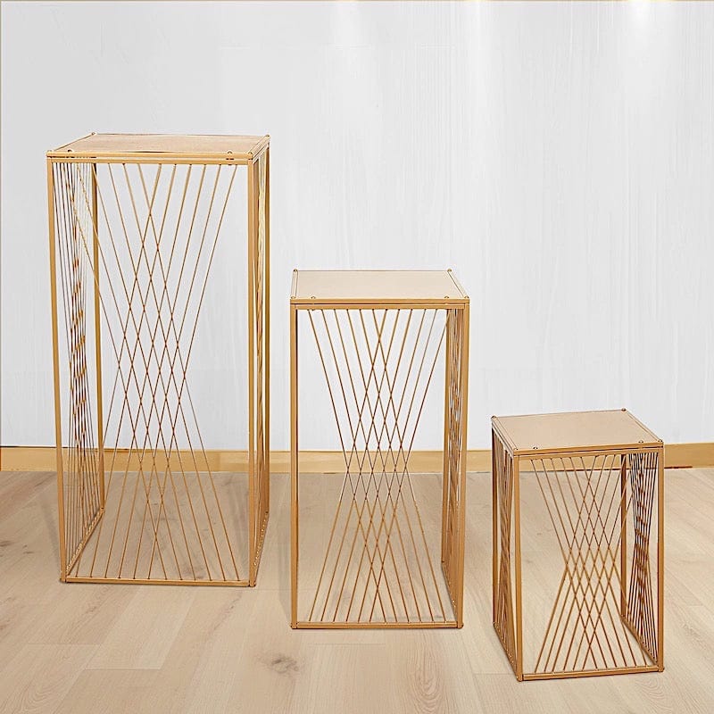3 Metal Pedestal Stands with Geometric Crossed Lines Pattern - Gold PROP_BOX_008_SET_MET_GD