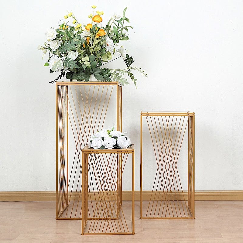 3 Metal Pedestal Stands with Geometric Crossed Lines Pattern - Gold PROP_BOX_008_SET_MET_GD