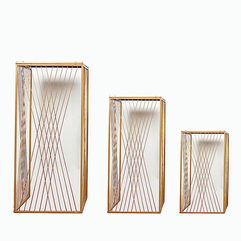 3 Metal Pedestal Stands with Geometric Crossed Lines Pattern - Gold PROP_BOX_008_SET_MET_GD