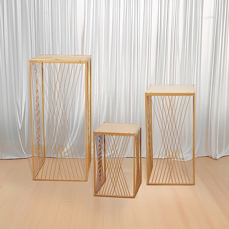 3 Metal Pedestal Stands with Geometric Crossed Lines Pattern - Gold PROP_BOX_008_SET_MET_GD
