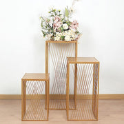 3 Metal Pedestal Stands with Geometric Crossed Lines Pattern - Gold PROP_BOX_008_SET_MET_GD
