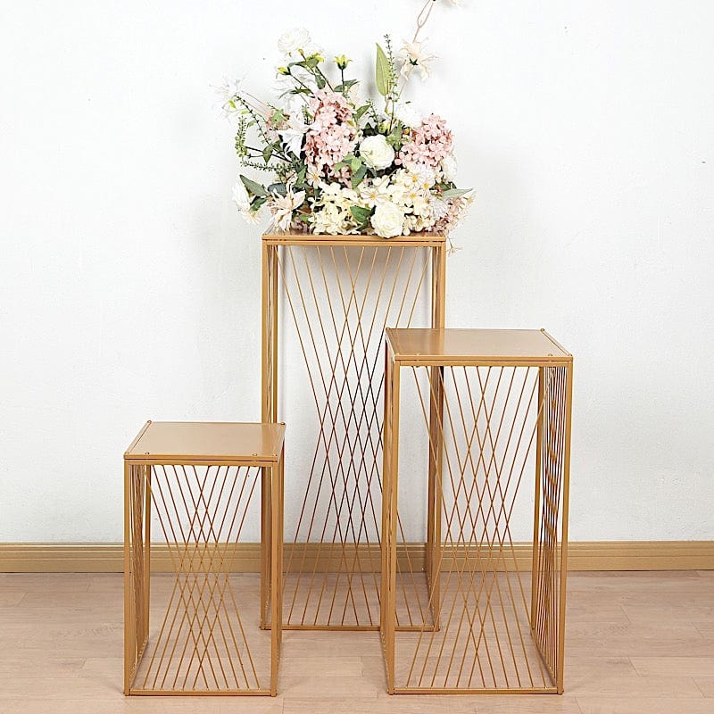 3 Metal Pedestal Stands with Geometric Crossed Lines Pattern - Gold PROP_BOX_008_SET_MET_GD