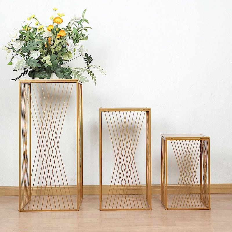 3 Metal Pedestal Stands with Geometric Crossed Lines Pattern - Gold PROP_BOX_008_SET_MET_GD
