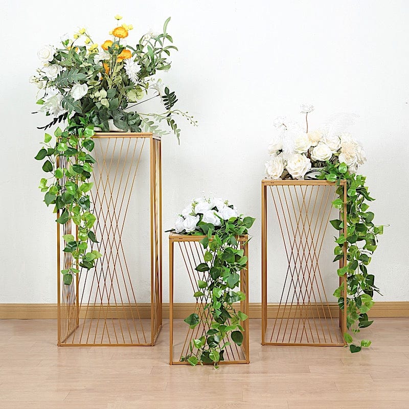 3 Metal Pedestal Stands with Geometric Crossed Lines Pattern - Gold PROP_BOX_008_SET_MET_GD