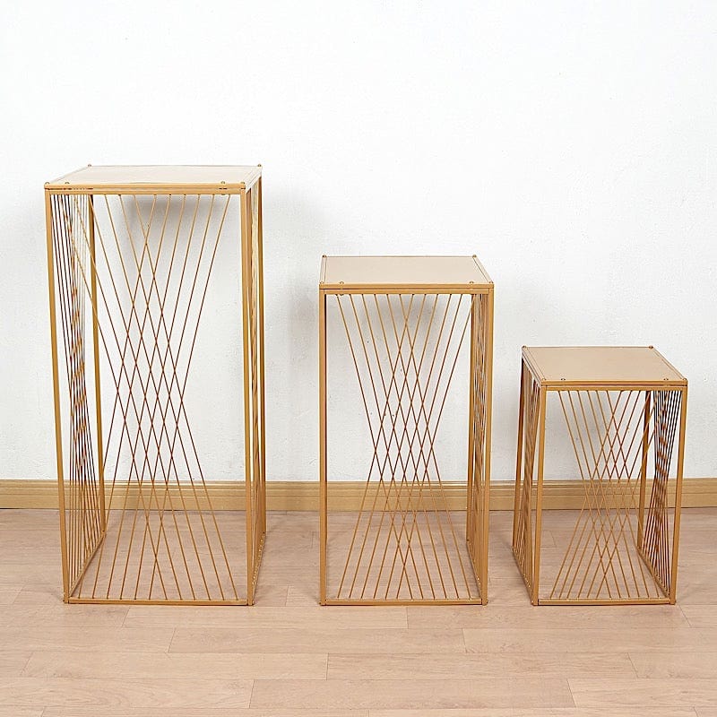 3 Metal Pedestal Stands with Geometric Crossed Lines Pattern - Gold PROP_BOX_008_SET_MET_GD
