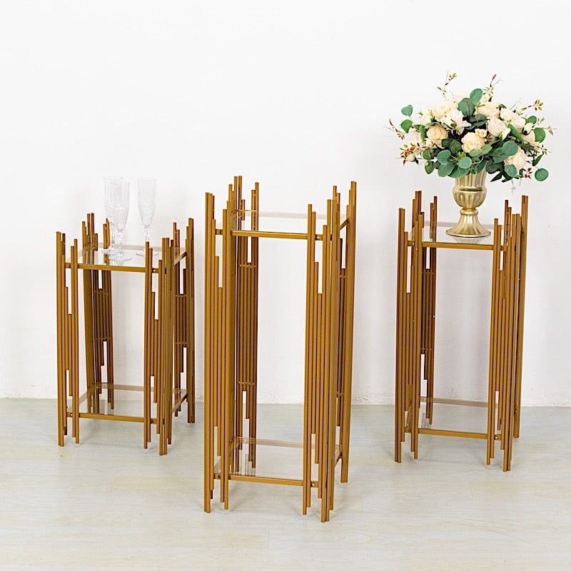 3 Metal Plinths Flower Display Stands with Square Acrylic Plates - Gold IRON_STND19_SET_GOLD