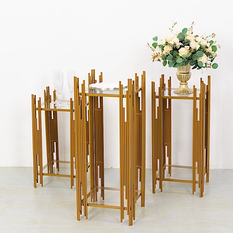 3 Metal Plinths Flower Display Stands with Square Acrylic Plates - Gold IRON_STND19_SET_GOLD