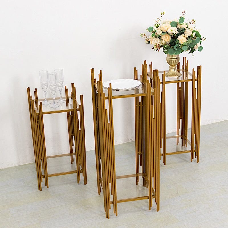 3 Metal Plinths Flower Display Stands with Square Acrylic Plates - Gold IRON_STND19_SET_GOLD