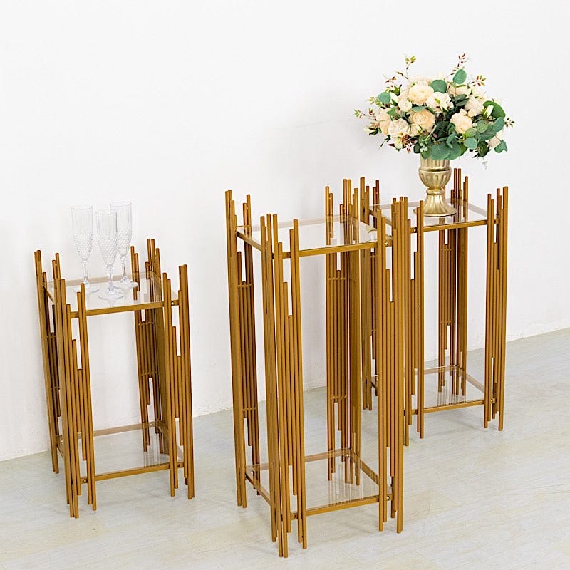 3 Metal Plinths Flower Display Stands with Square Acrylic Plates - Gold IRON_STND19_SET_GOLD