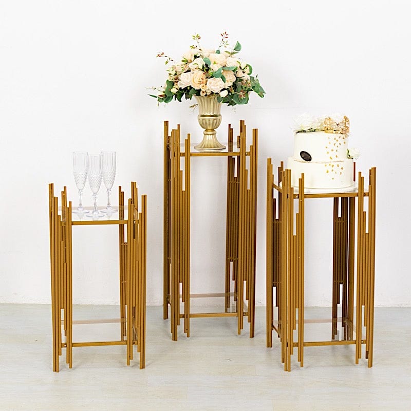 3 Metal Plinths Flower Display Stands with Square Acrylic Plates - Gold IRON_STND19_SET_GOLD