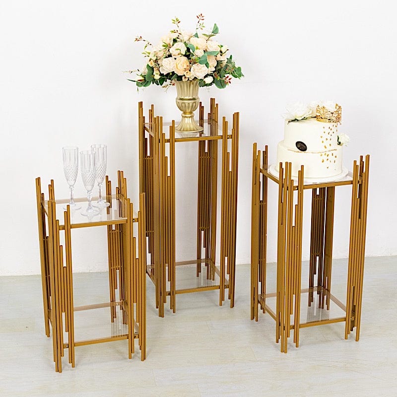 3 Metal Plinths Flower Display Stands with Square Acrylic Plates - Gold IRON_STND19_SET_GOLD