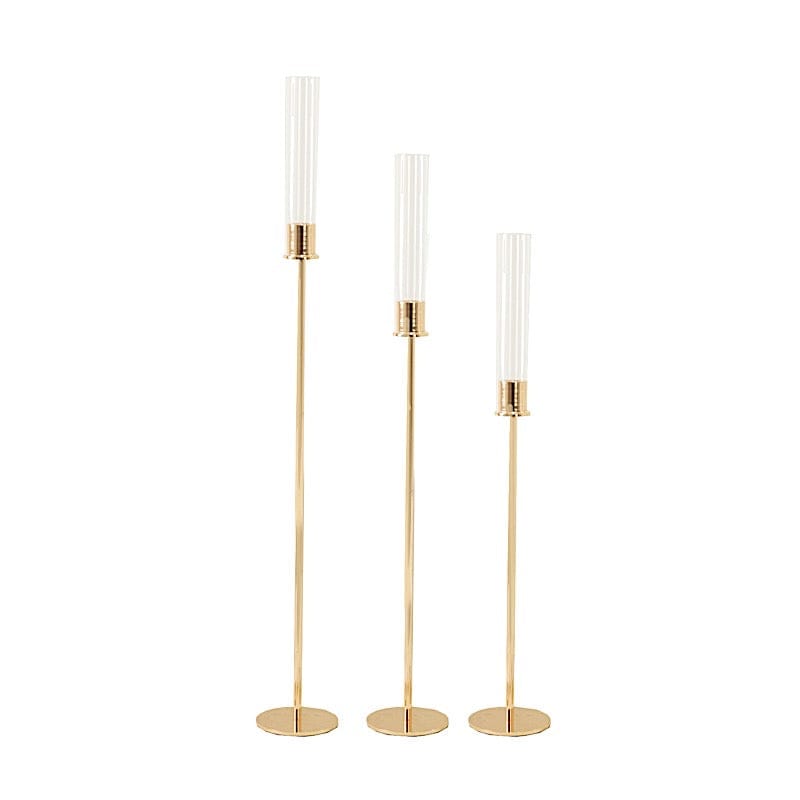 3 Metal Taper Candle Holders with Hurricane Glass Shades Set - Gold CHDLR_CAND_041_SET2_GOLD