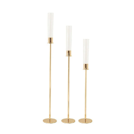3 Metal Taper Candle Holders with Hurricane Glass Shades Set - Gold CHDLR_CAND_041_SET2_GOLD