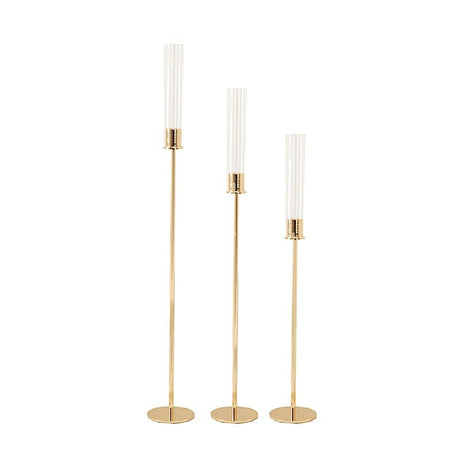 3 Metal Taper Candle Holders with Hurricane Glass Shades Set - Gold CHDLR_CAND_041_SET2_GOLD