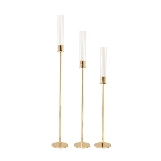 3 Metal Taper Candle Holders with Hurricane Glass Shades Set - Gold CHDLR_CAND_041_SET2_GOLD