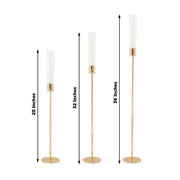 3 Metal Taper Candle Holders with Hurricane Glass Shades Set - Gold CHDLR_CAND_041_SET2_GOLD