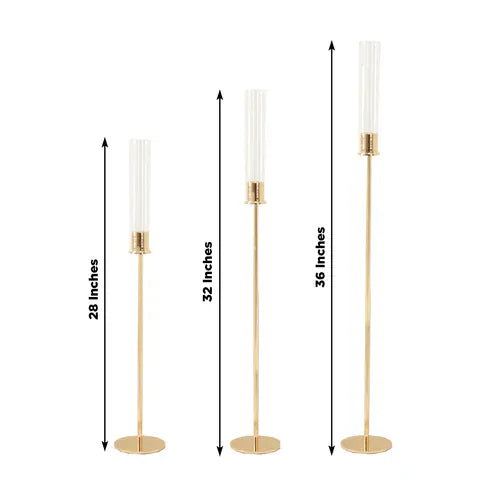 3 Metal Taper Candle Holders with Hurricane Glass Shades Set - Gold CHDLR_CAND_041_SET2_GOLD