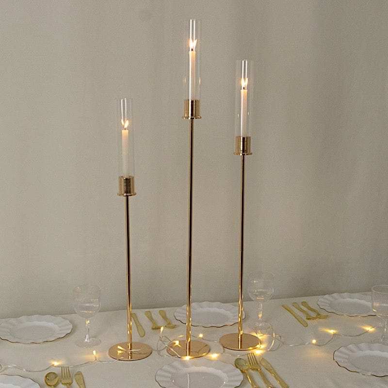 3 Metal Taper Candle Holders with Hurricane Glass Shades Set - Gold CHDLR_CAND_041_SET2_GOLD