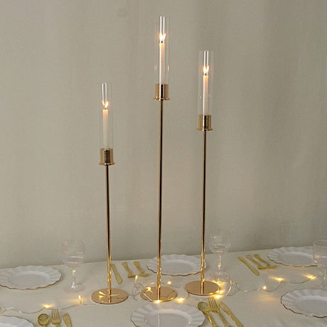 3 Metal Taper Candle Holders with Hurricane Glass Shades Set - Gold CHDLR_CAND_041_SET2_GOLD