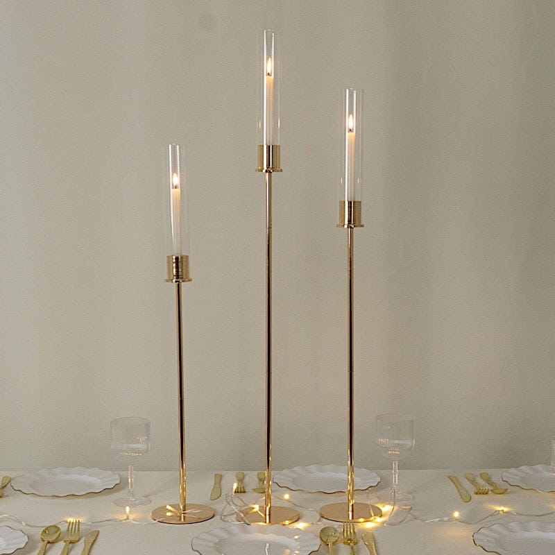 3 Metal Taper Candle Holders with Hurricane Glass Shades Set - Gold CHDLR_CAND_041_SET2_GOLD